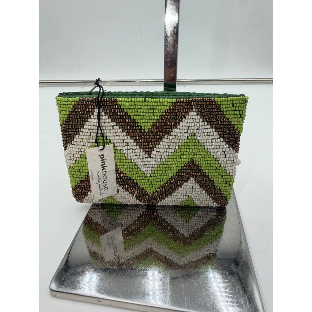 Pink House Handmade Beaded Coin Purse Green Bronze Chevron Zigzag Zipper Pouch